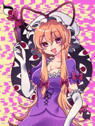 Rule 34 | 1girl, blonde hair, bow, breasts, cleavage, collarbone, dress, elbow gloves, frills, gap (touhou), gloves, hair between eyes, hair bow, hand fan, hat, hat ribbon, head tilt, holding, holding fan, long hair, looking at viewer, mob cap, open mouth, puffy short sleeves, puffy sleeves, purple dress, purple eyes, ribbon, short sleeves, sidelocks, smile, solo, touhou, tsugomori (remilia0398), two-tone background, very long hair, white gloves, yakumo yukari