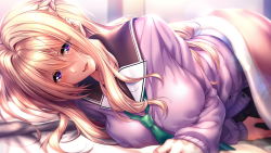 Rule 34 | 1girl, amakano 2, azarashi soft, bed, blazer, blonde hair, blush, breasts, female focus, game cg, green necktie, hair between eyes, highres, indoors, jacket, large breasts, long hair, long sleeves, looking at viewer, lying, necktie, on bed, on side, parted lips, pillow, pink eyes, piromizu, school uniform, solo, tsutamachi chitose, under covers