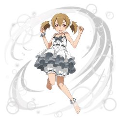 Rule 34 | 1girl, :d, ankle scrunchie, barefoot, blush, bow, bowtie, brown hair, collarbone, dress, full body, grey bow, grey bowtie, hair between eyes, hair ornament, hair scrunchie, halterneck, highres, layered dress, leg up, looking at viewer, official art, open mouth, red eyes, ribbon-trimmed shorts, ribbon trim, scrunchie, short hair, shorts, shorts under dress, silica, sleeveless, sleeveless dress, smile, solo, sparkle, sword art online, transparent background, white dress, white scrunchie, white shorts, wrist scrunchie