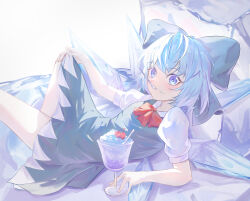 Rule 34 | 1girl, absurdres, blue bow, blue dress, blue eyes, blue hair, blush, bow, bowtie, cherry, cirno, closed mouth, collared shirt, cup, dress, food, fruit, hair bow, highres, ice, ice cream, ice wings, looking at viewer, lying, puffy short sleeves, puffy sleeves, red bow, red bowtie, shirt, short hair, short sleeves, solo, spoon, touhou, utensil in mouth, wings, z-bow