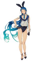 Rule 34 | 10s, 1girl, adapted costume, animal ears, asuna (i luv), bare legs, blue hair, rabbit ears, detached collar, closed eyes, fake animal ears, full body, gloves, gradient hair, grin, hairband, hand on own hip, kantai collection, long hair, multicolored hair, necktie, playboy bunny, sailor collar, samidare (kancolle), simple background, smile, solo, standing, tailcoat, very long hair, white background, wrist cuffs
