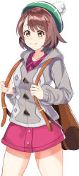 Rule 34 | 1girl, backpack, bag, beigu (fhyv4575), blush, bob cut, brown bag, brown eyes, brown hair, buttons, cable knit, cardigan, closed mouth, collared dress, commentary request, creatures (company), dress, game freak, gloria (pokemon), green hat, grey cardigan, hat, highres, holding strap, hooded cardigan, nintendo, pink dress, pokemon, pokemon swsh, short hair, simple background, smile, solo, split mouth, tam o&#039; shanter, white background