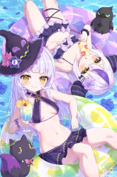 Rule 34 | 2girls, absurdres, bendy straw, bikini, black bikini, blue flower, breasts, brown eyes, commentary request, crow (la+ darknesss), cup, demon horns, drinking straw, feet out of frame, flower, flower on liquid, food, grey hair, groin, highres, holding, holding cup, holding food, hololive, horns, ice cream, innertube, la+ darknesss, long hair, lying, masaki (msk064), multicolored hair, multiple girls, murasaki shion, navel, on back, parted lips, petals, petals on liquid, purple hair, small breasts, streaked hair, swim ring, swimsuit, very long hair, virtual youtuber, water, yellow eyes