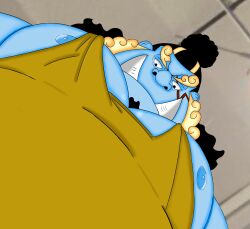 Rule 34 | 1boy, bara, black hair, blue skin, colored skin, costixdxd, curly eyebrows, expressionless, facial hair, fish boy, flat color, foreshortening, goatee, half-closed eyes, highres, jinbe (one piece), large pectorals, looking at viewer, looking down, male focus, mature male, meme, monster boy, muscular, muscular male, nipple slip, nipples, one piece, pectoral cleavage, pectoral focus, pectorals, photo-referenced, short hair, sidepec, solo, tank top, thick eyebrows, tusks, upper body, yellow tank top, yur oc like this (meme)