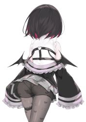 Rule 34 | 1girl, absurdres, ass, bare shoulders, black hair, bow, bow print, detached sleeves, fake wings, from behind, highres, indie virtual youtuber, jacket, long sleeves, mini wings, multicolored hair, nanananana, off shoulder, panties, panties under pantyhose, pantyhose, pink hair, rikotan (vtuber), scan, shiny clothes, short hair, simple background, skirt, sleeves past wrists, solo, thigh strap, two-tone hair, underwear, virtual youtuber, wedgie, white background, wings