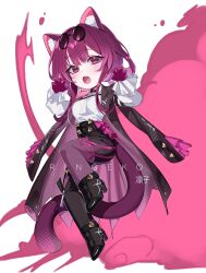 Rule 34 | 1girl, animal ear fluff, animal ears, artist name, black jacket, blush, breasts, cat ears, cat girl, cat tail, chibi, chibi only, collared shirt, colored smoke, commentary, english commentary, eyewear on head, fang, full body, gloves, hair between eyes, high-waist shorts, highres, honkai: star rail, honkai (series), jacket, kafka (honkai: star rail), kemonomimi mode, large breasts, long hair, long sleeves, looking at viewer, open mouth, pantyhose, pantyhose under shorts, paw pose, purple-tinted eyewear, purple eyes, purple gloves, purple hair, purple pantyhose, ringeko-chan, round eyewear, shirt, shorts, sidelocks, simple background, smile, smoke, solo, sunglasses, tail, tinted eyewear, white background, white shirt