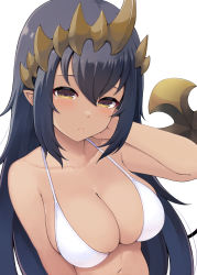 Rule 34 | 1girl, nanashi inc., absurdres, arm up, bare arms, bare shoulders, bikini, black hair, blush, breasts, cleavage, closed mouth, collarbone, hair ornament, hand on own neck, highres, honey strap, large breasts, long hair, looking at viewer, navel, pointy ears, shimamura charlotte, simple background, solo, swimsuit, temari rin, upper body, very long hair, virtual youtuber, white background, white bikini, yellow eyes