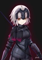 Rule 34 | 1girl, absurdres, armor, armored dress, bee doushi, black background, black dress, breasts, dress, fate/grand order, fate (series), highres, holding, holding weapon, jeanne d&#039;arc (fate), jeanne d&#039;arc alter (avenger) (fate), jeanne d&#039;arc alter (fate), large breasts, looking at viewer, short hair, signature, silver hair, smile, solo, weapon, yellow eyes