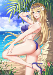 Rule 34 | 1girl, absurdres, arm behind head, ass, beach, bikini, blonde hair, blue eyes, blush, breasts, covered erect nipples, day, diadem, flower, granblue fantasy, hair between eyes, hair flower, hair intakes, hair ornament, high heels, highres, jeanne d&#039;arc (granblue fantasy), large breasts, lily (flower), long hair, looking at viewer, looking back, nail polish, ocean, outdoors, parted lips, pink lips, pink nails, purple bikini, sandals, side-tie bikini bottom, sky, smile, solo, standing, standing on one leg, swimsuit, toenail polish, toenails, tree, very long hair, white flower, wind, xiao gen