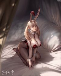 Rule 34 | 1girl, absurdres, animal ears, bare shoulders, bed, black pantyhose, blonde hair, blue eyes, bow, bowtie, breasts, character request, cleavage, curvy, detached collar, fake animal ears, feet, fishnet pantyhose, fishnets, highres, jagercoke, kneeling, large breasts, leotard, looking at viewer, mabinogi, mabinogi heroes, pantyhose, parted lips, playboy bunny, rabbit ears, rabbit tail, solo, strapless, strapless leotard, tail, thighs, twintails, wrist cuffs