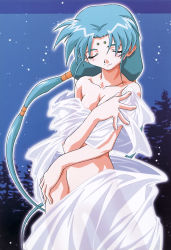 Rule 34 | 1girl, absurdres, aqua hair, bed sheet, blush, breasts, cleavage, closed eyes, facial mark, forest, glowing, highres, long hair, low-tied long hair, midriff, nature, night, oowada naoyuki, scan, see-through, smile, solo, star (sky), tenchi muyou!, tsunami (tenchi muyou!), twintails, very long hair