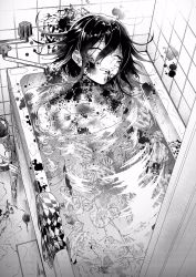 Rule 34 | 1boy, bath, bathing, bathroom, blood, checkered clothes, checkered scarf, closed eyes, collarbone, commentary request, corpse, curtains, danganronpa (series), danganronpa v3: killing harmony, death, greyscale, highres, ice, ice cube, in water, indoors, male focus, monochrome, nanin, oma kokichi, scarf, unworn scarf, solo, straitjacket, tile floor, tile wall, tiles, water