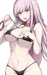 Rule 34 | 1girl, absurdres, bikini, black bikini, blunt bangs, breasts, collar, highres, holding, holding leash, hololive, hololive english, large breasts, leash, long hair, mori calliope, navel, open mouth, pink hair, red collar, red eyes, sak1 01, sidelocks, solo, swimsuit, virtual youtuber, white background