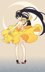 Rule 34 | 1girl, backless dress, backless outfit, bad id, bad pixiv id, black hair, brown eyes, crescent moon, dress, from behind, gradient background, high heels, kurokeisin, long hair, looking at viewer, looking back, moon, no socks, original, pumps, skirt hold, smile, solo, twintails, very long hair, wind, yellow dress
