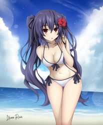 Rule 34 | 1girl, akane rose, bare shoulders, beach, bikini, black hair, blue hair, breasts, chou megami shinkou noire gekishin black heart, choujigen game neptune, cleavage, cloud, compile heart, hair ribbon, highres, idea factory, large breasts, legs, long hair, looking at viewer, medium breasts, mega miracle force, navel, nepnep connect: chaos chanpuru, neptune (series), noire (neptunia), ocean, open mouth, red eyes, ribbon, sand, sky, solo, stomach, swimsuit, thighs, tsundere, twintails, very long hair, vvvtune, water, wet, wet clothes, wet hair, wet swimsuit, white bikini