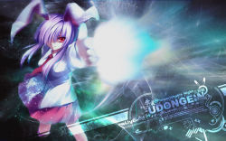 Rule 34 | 1girl, animal ears, arm up, blue background, breasts, character name, character profile, closed mouth, collared shirt, copyright name, english text, female focus, firing, floating hair, foreshortening, from above, glowing, hair over one eye, highres, imperishable night, light, light particles, light rays, long hair, long sleeves, looking at viewer, looking up, medium breasts, motion blur, necktie, outstretched arm, photokinesis, pink skirt, pleated skirt, pointing, pointing at viewer, purple hair, rabbit ears, red eyes, red necktie, reisen udongein inaba, shirt, sidelocks, skirt, smile, solo, standing, tateha (marvelous grace), touhou, wallpaper, white shirt, wind