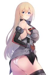 Rule 34 | 10s, 1girl, ass, bare shoulders, bismarck (kancolle), blonde hair, blue eyes, blush, breasts, clothes lift, day, female focus, gloves, kantai collection, large breasts, long hair, looking at viewer, panties, sideboob, skirt, skirt lift, solo, sumisu (mondo), thighhighs, underwear, white background, white panties