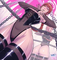 Rule 34 | 1girl, alternate costume, ass, bare shoulders, breasts, chain, chainsaw man, dominatrix, female focus, gloves, highres, huge ass, large breasts, looking back, makima (chainsaw man), one eye closed, pubic hair, red hair, see-through, smile, solo, thick thighs, thighhighs, thighs, whox, wide hips, wink, yellow eyes
