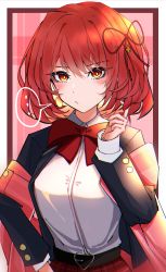 Rule 34 | ..., 1girl, :/, absurdres, belt, belt buckle, black jacket, black survival, blazer, blush, bow, bowtie, buckle, closed mouth, collared shirt, earrings, eternal return: black survival, hair between eyes, hair ribbon, twirling hair, hand up, heart, heart-shaped buckle, highres, jacket, jewelry, long sleeves, looking at viewer, medium hair, multicolored background, official alternate costume, open clothes, open jacket, orange eyes, orange hair, pink shawl, plaid, plaid background, plaid skirt, pleated skirt, red bow, red bowtie, red skirt, ribbon, shawl, shi to na, shirt, skirt, solo, speech bubble, tran quynh mai, white shirt, yellow pupils