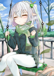 Rule 34 | 1girl, absurdres, alternate costume, backpack, bag, black coat, blue sky, blurry, closed eyes, cloud, cloudy sky, coat, commentary request, contemporary, depth of field, genshin impact, gradient hair, hair between eyes, hair ornament, highres, knees together feet apart, long hair, long sleeves, looking at viewer, multicolored hair, nahida (genshin impact), pantyhose, park, plaid, plaid skirt, pleated skirt, pointy ears, ribbed sweater, scared, side ponytail, sidelocks, sitting, skirt, sky, solo, sweater, swing, tobikaze89, tree, trembling, white hair, white pantyhose