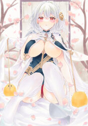 Rule 34 | 1girl, azur lane, breast curtains, breasts, china dress, chinese clothes, dress, gloves, grey dress, half gloves, highres, large breasts, looking at viewer, marker (medium), mimi (mini1474), official alternate costume, pelvic curtain, petals, red eyes, revealing clothes, short hair, sirius (azur lane), sirius (azure horizons) (azur lane), solo, thighhighs, traditional media, white thighhighs