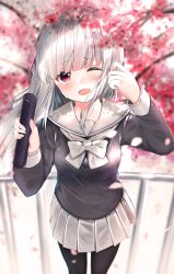 Rule 34 | 1girl, black pantyhose, black shirt, black sweater, blurry, blurry background, blurry foreground, blush, bow, breasts, commentary request, crying, crying with eyes open, depth of field, flower, graduation, grey bow, grey skirt, hands up, highres, holding, long hair, long sleeves, looking at viewer, neku (neku draw), one eye closed, original, pantyhose, pleated skirt, railing, red eyes, red flower, sailor collar, school uniform, serafuku, shirt, silver hair, skirt, small breasts, solo, standing, sweater, tears, white sailor collar