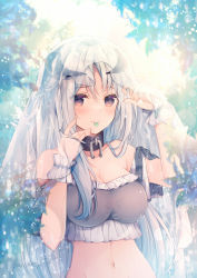 Rule 34 | 1girl, azu torako, banned artist, bare shoulders, blurry, blurry foreground, blush, breasts, brown eyes, cleavage, commentary, depth of field, frills, grey hair, hair between eyes, hands up, horns, leaf, long hair, medium breasts, mouth hold, navel, original, parted bangs, see-through, solo, symbol-only commentary, veil, very long hair
