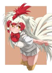 Rule 34 | 1girl, absurdres, arms behind back, bird girl, bird wings, blush, boots, bow, bowtie, chicken (kemono friends), commentary request, cowboy shot, head wings, highres, kemono friends, long hair, looking at viewer, multicolored hair, orange eyes, pleated skirt, red bow, red bowtie, red hair, shirt, short sleeves, skirt, solo, t-shirt, tanabe (fueisei), thigh boots, thighhighs, two-tone hair, white hair, white shirt, white skirt, wings, yellow footwear