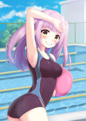 Rule 34 | 1girl, arm on own head, armpits, ass, black one-piece swimsuit, blush, caustics, competition swimsuit, cowboy shot, day, embarrassed, fence, from side, grin, hair intakes, highres, kakino nashiko, long hair, looking at viewer, looking back, moe2017, one-piece swimsuit, original, outdoors, pool, purple hair, sky, smile, solo, standing, surfboard, swimsuit, taut clothes, taut swimsuit, two side up, water, yellow eyes