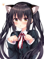 Rule 34 | 1girl, :o, animal ears, black hair, black hairband, blazer, blush, brown eyes, buttons, cat ears, collared shirt, colored eyelashes, commentary request, ears visible through hair, fake animal ears, hairband, jacket, k-on!, long hair, long sleeves, looking at viewer, nakano azusa, nogi takayoshi, open mouth, paw pose, red ribbon, ribbon, school uniform, shirt, simple background, solo, tareme, twintails, upper body, white background, white shirt, wing collar