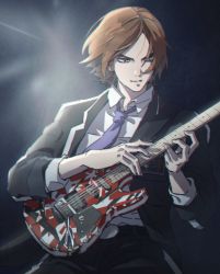 Rule 34 | 1boy, belt, black background, black jacket, brown eyes, brown hair, dress shirt, guitar, highres, instrument, jacket, light rays, looking at object, male focus, music, necktie, parted bangs, parted lips, persona, persona 2, persona 2 tsumi, playing instrument, purple necktie, school uniform, seven sisters high school uniform, shirt, short hair, sleeves rolled up, smile, suou tatsuya, tori (bromaticbrotrap), white shirt