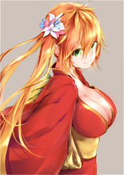 Rule 34 | 1girl, blonde hair, breasts, cleavage, earrings, female focus, flower, green eyes, hair flower, hair ornament, highres, japanese clothes, jewelry, kimono, large breasts, leilan (p&amp;d), long hair, puzzle &amp; dragons, sash, side ponytail, silver (chenwen), sketch, smile, solo