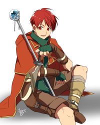 Rule 34 | 1boy, bandages, boots, buckle, cape, fingerless gloves, fire emblem, fire emblem: path of radiance, fire emblem: radiant dawn, gloves, highres, holding, holding weapon, hood, knife, looking to the side, male focus, nintendo, one-hour drawing challenge, red eyes, red hair, shorts, simple background, staff, tormod (fire emblem), weapon, white background, yusya6 fe