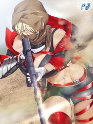 Rule 34 | 1girl, artist request, bare shoulders, beret, between breasts, blonde hair, blue eyes, boots, breasts, choker, cleavage, curvy, gloves, gun, hair over one eye, hat, high heel boots, high heels, holding, holding weapon, hood, jumping, kurumi s. sakazaki, large breasts, long sleeves, looking at viewer, off shoulder, one eye covered, rifle, shiny skin, short hair, short shorts, shorts, simple background, single thighhigh, solo, taimanin (series), taimanin rpgx, thighhighs, thighs, weapon, white gloves