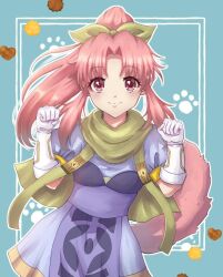 Rule 34 | 1girl, cape, closed mouth, dress, gloves, long hair, looking at viewer, millie chliette, nontan (soa43285298), paw pose, pink eyes, pink hair, pointy ears, ponytail, smile, solo, star ocean, star ocean first departure, tail