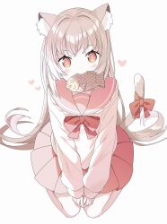 Rule 34 | + +, 1girl, animal ear fluff, animal ears, blush, bow, brown hair, cat ears, cat girl, cat tail, commentary request, food, food in mouth, full body, heart, highres, long hair, long sleeves, looking at viewer, mouth hold, original, pink sailor collar, pink skirt, pleated skirt, puffy long sleeves, puffy sleeves, red bow, red eyes, sailor collar, shirt, simple background, sitting, skirt, sleeves past wrists, solo, tail, tail bow, tail ornament, taiyaki, tantan men (dragon), very long hair, wagashi, wariza, white background, white shirt