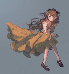 Rule 34 | 1girl, blue choker, blue eyes, choker, dress, eliza 804, grey background, highres, invisible chair, messy hair, neon genesis evangelion, open mouth, simple background, sitting, solo, souryuu asuka langley, yellow dress