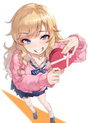 Rule 34 | 1girl, absurdres, blonde hair, blue eyes, blush, bow, bowtie, box, candy, cardigan, chocolate, chocolate heart, collarbone, commentary, food, foreshortening, full body, gift, gift box, grin, heart, highres, holding, holding gift, idolmaster, idolmaster cinderella girls, jewelry, kakaobataa, loafers, long hair, long sleeves, looking at viewer, loose bowtie, loose socks, necklace, ohtsuki yui, open collar, open mouth, pink cardigan, pleated skirt, shirt, shoes, simple background, skirt, sleeves past wrists, smile, socks, solo, teeth, valentine, wavy hair