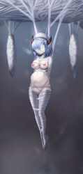 Rule 34 | 1girl, absurdres, black horns, blindfold, blue hair, breasts, censored, chinese commentary, commentary request, death end re;quest, full body, gagged, hat, highres, horns, medium breasts, mosaic censoring, navel, nipples, nude, pregnant, pussy, qisu, restrained, sailor hat, shina ninomiya, short hair, silk, solo, spider web, white hat