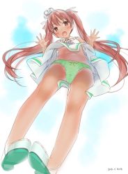 Rule 34 | 10s, 1girl, 2015, :o, ama mitsuki, bare arms, bare legs, blue background, bow, bow panties, brown eyes, brown hair, dark-skinned female, dark skin, dated, dot nose, dress, dutch angle, from below, full body, green panties, kantai collection, libeccio (kancolle), long hair, lowleg, lowleg panties, matching hair/eyes, navel, open mouth, panties, sailor dress, solo, striped clothes, striped panties, sweat, tareme, teeth, twintails, two-tone background, underwear, upper teeth only, upshirt, upskirt, white background