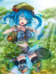 Rule 34 | 1girl, backpack, bag, black thighhighs, blue eyes, blue hair, breasts, camouflage, female focus, gloves, hair bobbles, hair ornament, hat, jumping, kawashiro nitori, key, knee pads, matching hair/eyes, midriff, navel, open mouth, panzer (p.z), randoseru, short hair, skirt, solo, sunlight, thighhighs, touhou, tree, twintails, two side up