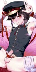 Rule 34 | 1boy, absurdres, armpits, arms up, bandaged arm, bandaged leg, bandages, bare shoulders, black hair, black hat, black shirt, blush, closed mouth, commentary, english commentary, foreskin, hat, highres, indie virtual youtuber, looking at viewer, lying, male focus, on back, peaked cap, penis, phimosis, rat huang, red eyes, red ribbon, ribbon, shinoshima raise, shirt, sleeveless, sleeveless shirt, smile, solo, spread legs, sweat, testicles, uncensored, virtual youtuber, w