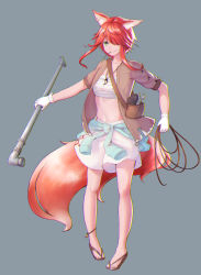 Rule 34 | 1girl, absurdres, animal ears, bad id, bad pixiv id, bandages, brown jacket, collarbone, commentary request, copyright request, fox ears, fox tail, full body, grey background, hair over one eye, highres, holding, jacket, jewelry, jmao, navel, necklace, red hair, short hair, shorts, sidelocks, simple background, solo, tail, tooth necklace, white shorts, wrench
