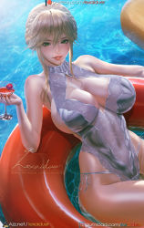Rule 34 | artist name, artoria pendragon (all), artoria pendragon (fate), artoria pendragon (swimsuit ruler) (fate), artoria pendragon (swimsuit ruler) (second ascension) (fate), bare shoulders, blonde hair, braid, breasts, fate/grand order, fate (series), from above, green eyes, halterneck, huge breasts, lexaiduer, nail polish, one-piece swimsuit, overed navel, panties, partially submerged, side-tie panties, smile, swimsuit, underwear, water