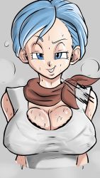 Rule 34 | 1girl, absurdres, arms at sides, blue eyes, blue hair, bra, bra slip, breasts, breath, bulma, cleavage, covered erect nipples, cropped torso, dragon ball, dragon ball super, female focus, grey background, highres, large breasts, looking at viewer, mature female, parted lips, pseudocel, red scarf, scarf, seductive smile, shirt, short hair, simple background, sleeveless, smile, solo, sweat, underwear, upper body, white shirt