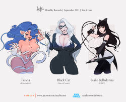 Rule 34 | 3girls, acrylictoon, black cat (marvel), blake belladonna, blue eyes, blue hair, bodysuit, breasts, capcom, choker, claws, cleavage, curvy, felicia (vampire), female focus, green eyes, hair ribbon, highres, huge breasts, jewelry, lipstick, long hair, looking at viewer, makeup, marvel, mask, matching hair/eyes, multiple girls, navel, necklace, ribbon, rwby, tail, thick thighs, thighs, vampire (game), weapon, white hair, yellow eyes