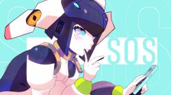Rule 34 | absurdres, blue eyes, blue sclera, cellphone, colored sclera, dia (world flipper), eros (erosterone), finger to mouth, helmet, highres, humanoid robot, idolmaster, idolmaster shiny colors, joints, blue background, looking at viewer, phone, robot, robot girl, robot joints, smartphone, world flipper