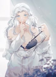 Rule 34 | 1girl, absurdres, bare shoulders, black bra, blue eyes, bra, breasts, cleavage, collarbone, commentary, english commentary, fenrishion, final fantasy, final fantasy xiv, finger to mouth, highres, long hair, off shoulder, parted bangs, robe, shushing, silver hair, smile, solo, underwear, undressing, venat (ff14), white robe