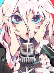 Rule 34 | 1girl, blue eyes, braid, character name, close-up, eyelashes, ia (vocaloid), lips, long hair, looking at viewer, microphone, nail polish, open mouth, pink hair, poliumm, solo, sparkle, twin braids, vintage microphone, vocaloid