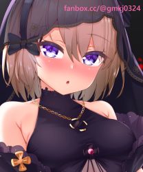 Rule 34 | 1girl, :o, artist name, azur lane, bare shoulders, black bow, blue eyes, blush, bow, breasts, brown hair, collarbone, colored eyelashes, commentary request, cross, gmkj, hair bow, highres, iron cross, jewelry, looking at viewer, medium breasts, necklace, open mouth, short hair, solo, upper body, veil, watermark, web address, z23 (azur lane), z23 (schwarze hochzeit) (azur lane)